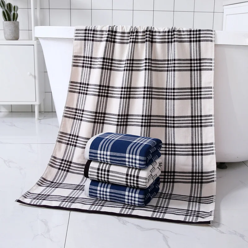 Men Grid Tartan Striped Pattern Towel Japanese Cotton Gauze Hand Towel Bath Towel Quick Drying Absorbent Towels For Bathroom