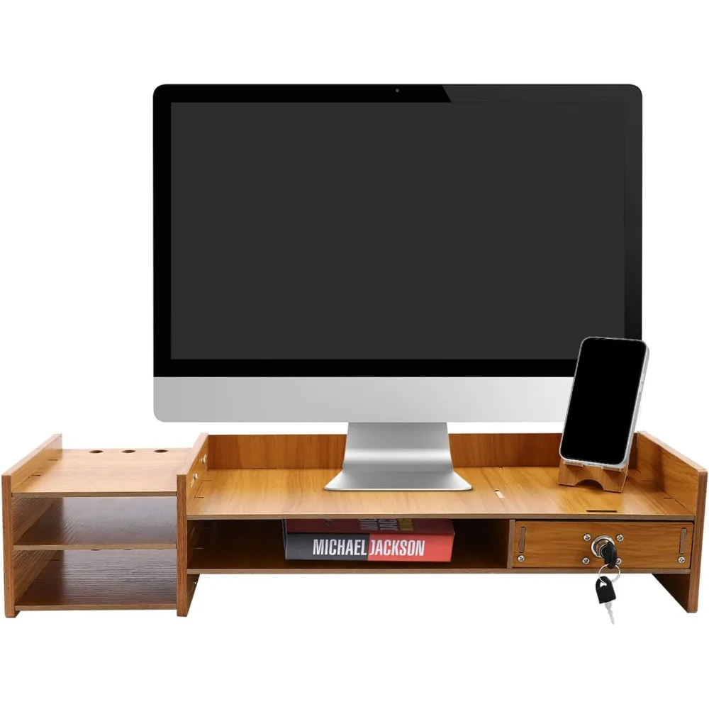 Wood Computer Rack Monitor Stand w/ Lockable Drawer Computer Monitor Stand Ergonomic Height for Study Office Home