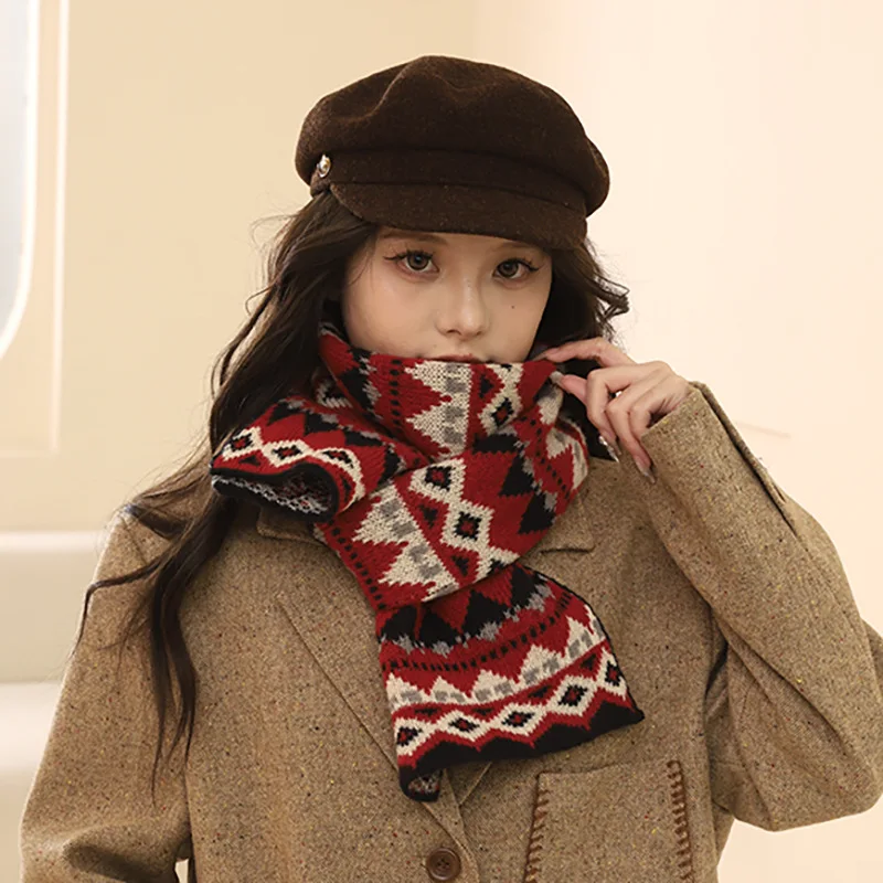 Women s Knitted Scarf Fair Isle Style Red Thickened Warm Protective Design for Winter Christmas New Year Use