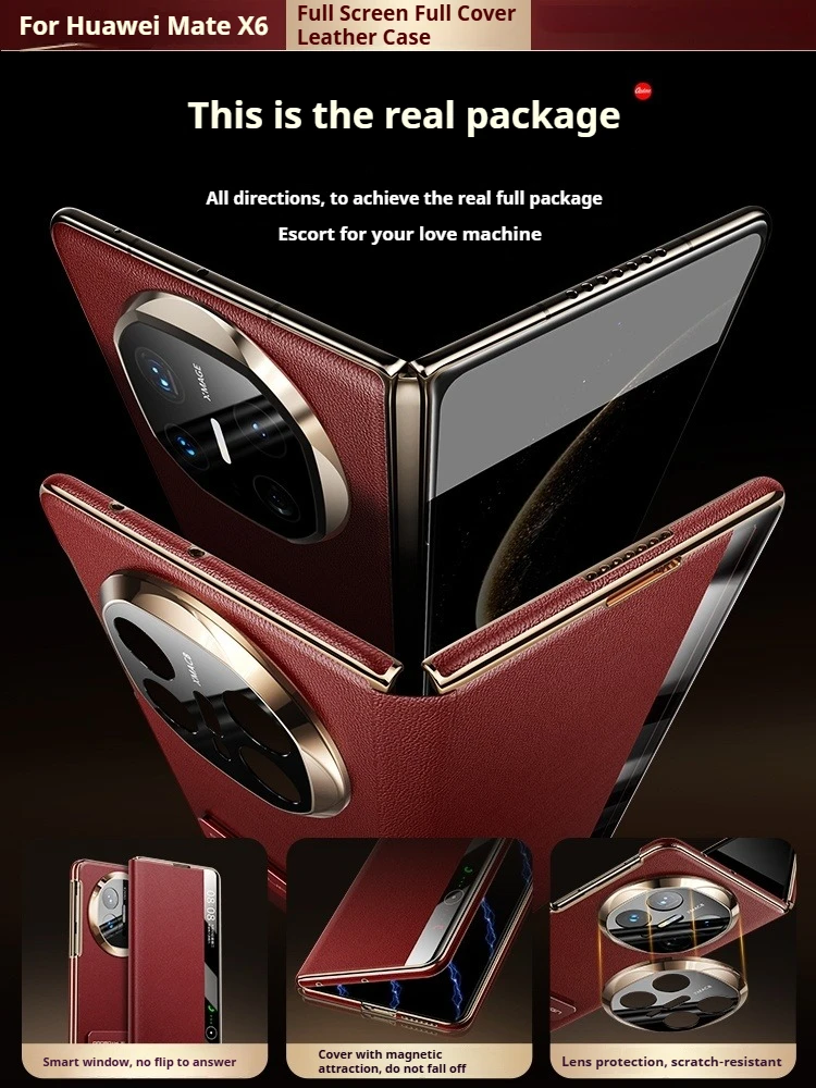 Lens Precision Hole Protection for Huawei Mate X6 Case Folding Screen with Bracket Genuine leather flip leather case mate X6