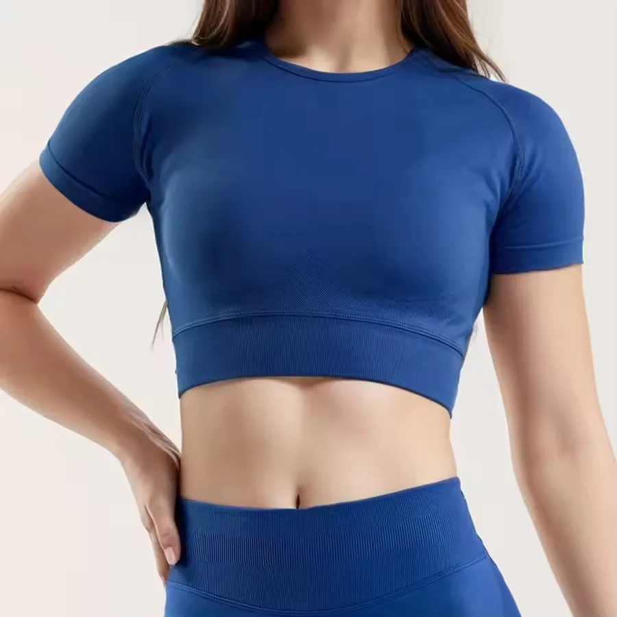 

Sports Cropped Top Women Gym Clothes Impact Short Sleeve Seamless T Shirt Elastic Round Neck Yoga Blouse Running Workout Tee