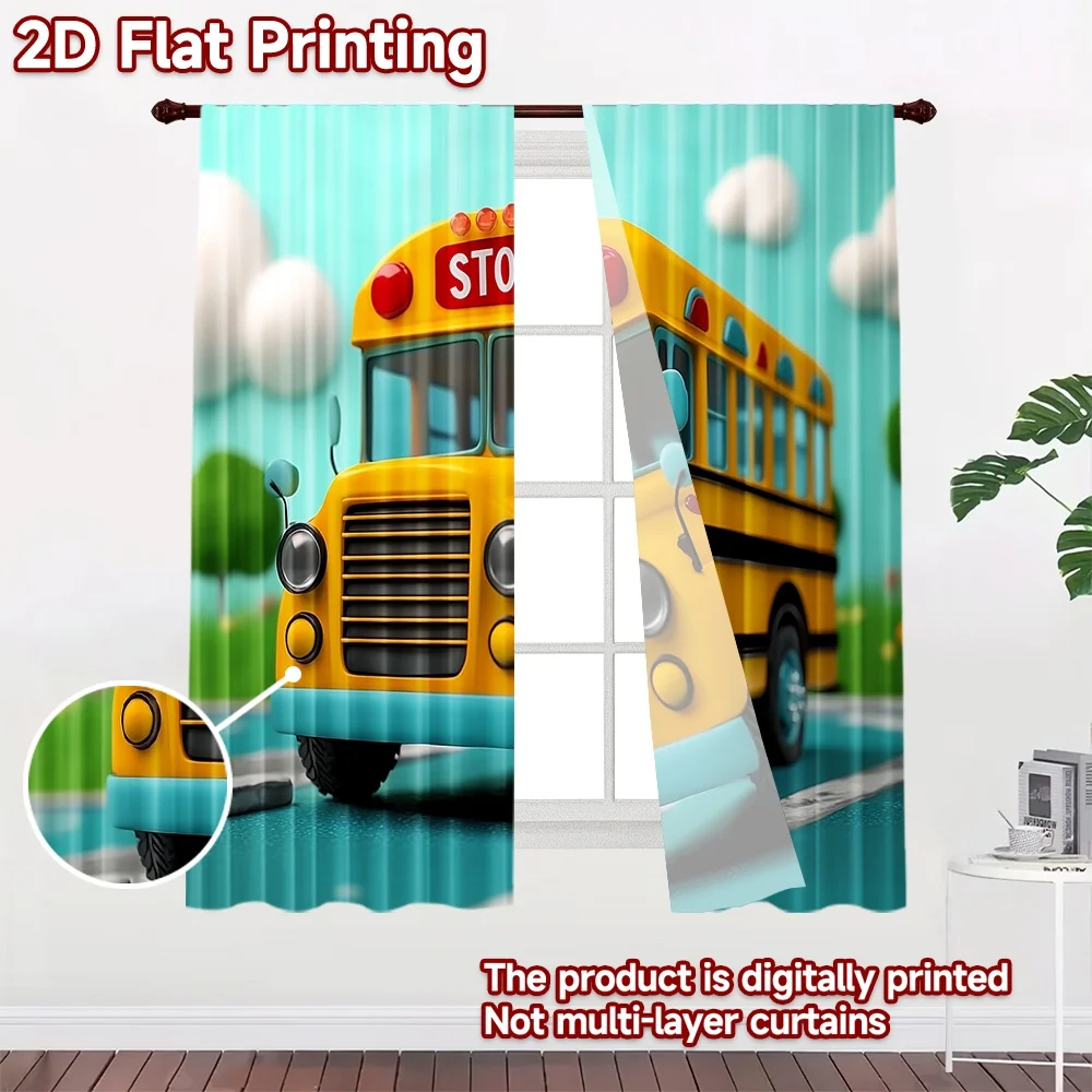 2D flat 2pcs Curtain Vintage drapes and curtains Yellow School Bus Digitally printed polyester Festive Holiday for Oversized