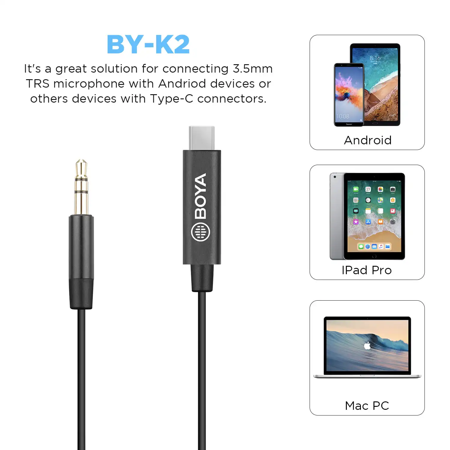 BOYA BY-K2 jack 3.5mm (TRS), (męski) do rodzaj USB-C (mężczyzna) Adapter Audio do telefonów USB-C urządzenia konwerter