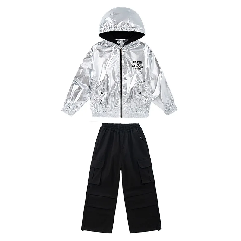 Hip-Hop Kinder Silber Kapuzenjacke Schwarze Hose Outfits Ballsaal Tanzkleidung Jungen Kpop Bühnenkleidung Mädchen Jazz Dance Kostüme