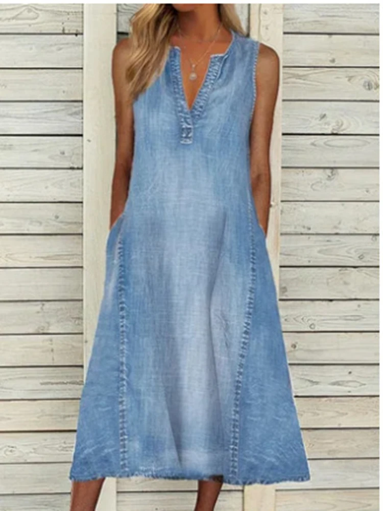 Summer Sleeveless A-line Dress Women Sexy V-neck Blue Denim Loose Midi Dress Pockets Casual Beach Long Dresses