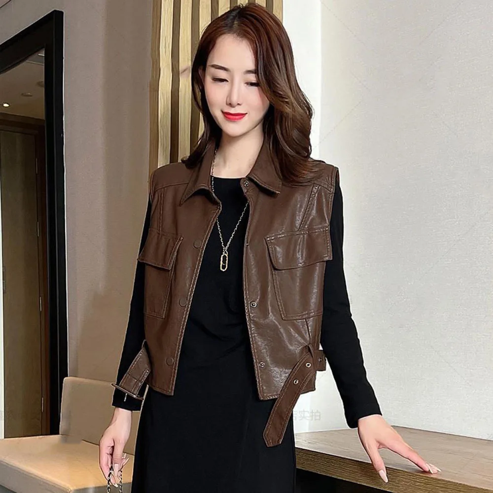 Spring Autumn Leather Vest Jacket Women Turn-down Collar Single-breasted Solid Gilet Casual Sleeveless Short Female Waistcoat