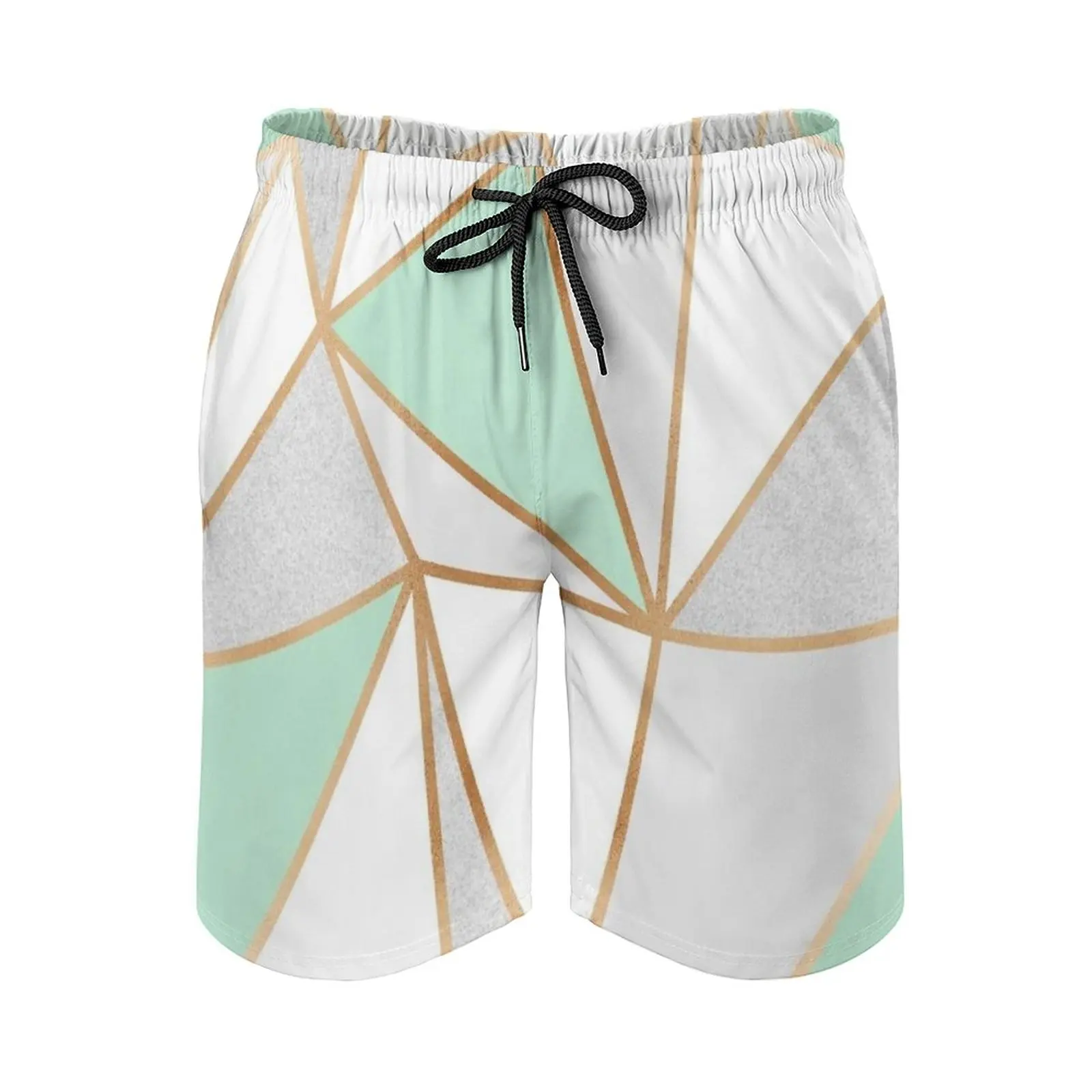 

Mint Green Grey & Gold Geo Men's Beach Shorts Quick Dry Travel Swimsuit Trunks Surf Pants Sports Pants Abstract Pattern