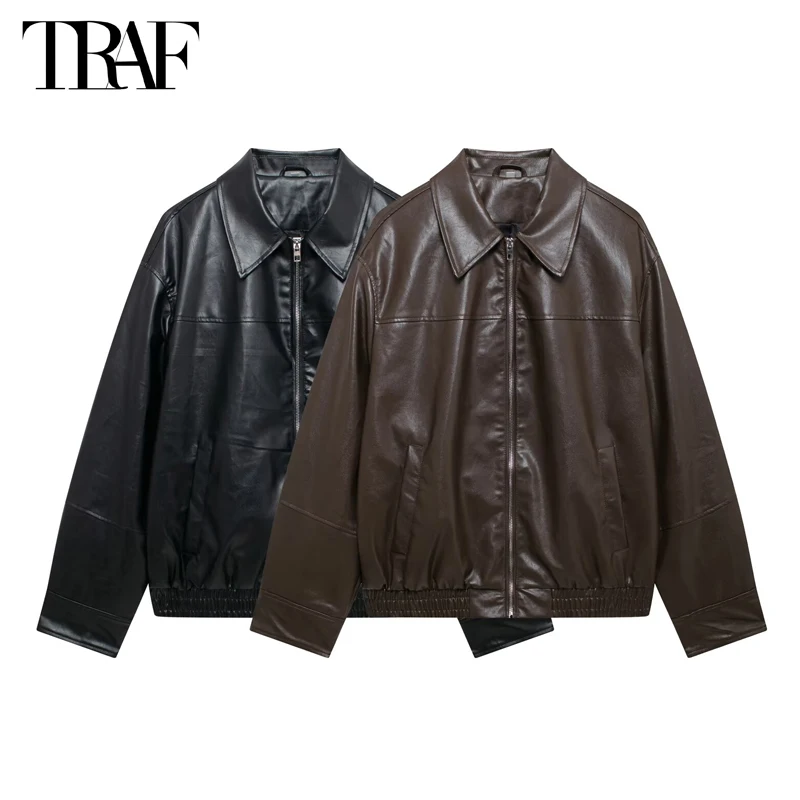 TRAF Faux Leather Jackets for Women Autumn Zipper Bomber Jacket Women Long Sleeve Oversized Jacket Woman Winter Women\'s Coats