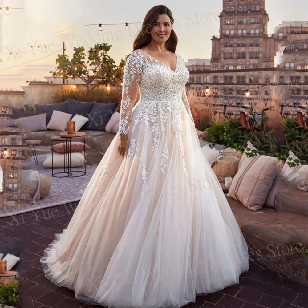 Moderne elegante Brautkleider mit V-Ausschnitt charmante Spitzen applikationen Brautkleider Langarm Knopf Illusion Tüll Vestidos de Novia