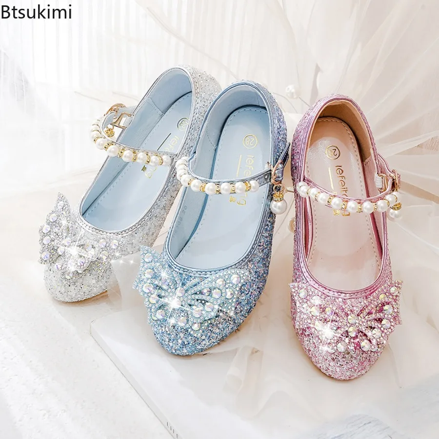 Princess Kids Leather Shoes for Girls Flower Fashion Casual Glitter Children High Heel Shoes Butterfly Knot Blue Pink Silver