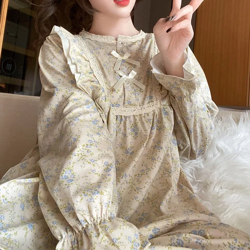 

Ladies Pajamas Garden Style Student Casual Long Sleeve Pants Two-Piece Bow Set Nightwear Women Four Season Academic Atmosphere