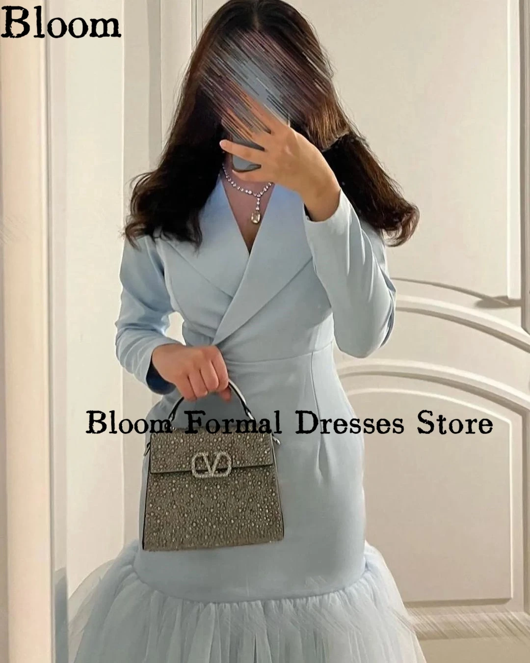 Bloom Long Sleeves lapel Prom Dresses Satin Tulle Knee-length Simple Formal Evening Dresses Wedding Party Dress Free Shipping