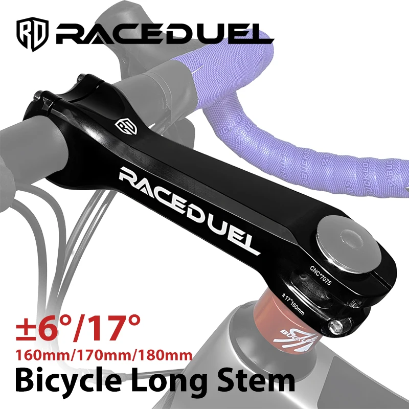 

RACEDUEL Road Bike Stem 6/17 Degree Mountain Bike Road Bike Long Stems 7075 Aluminum CNC Stem 160/170/180mm for TT Triathlon