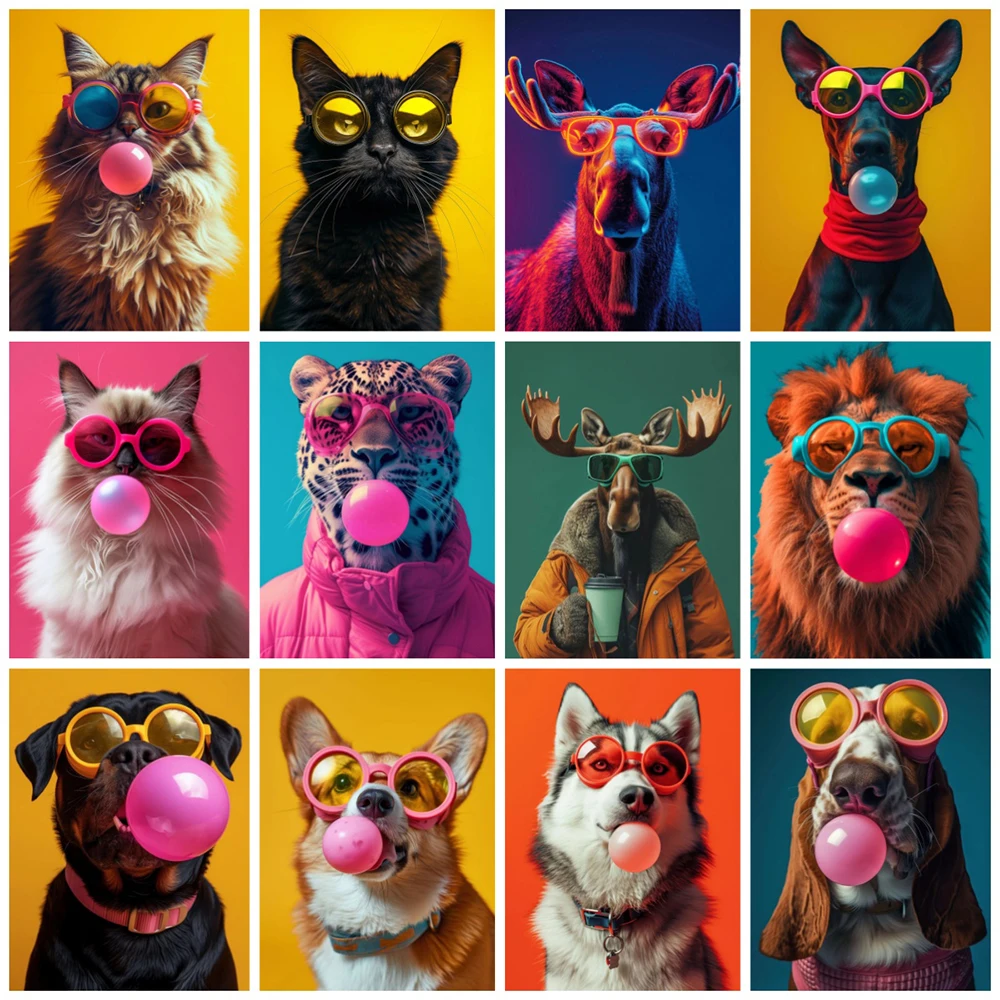 Colorful Bubblegum Animals With Sunglasses Poster Prints Samoyed French Bulldog Corgi Canvas Painting Art Picture Home Decor