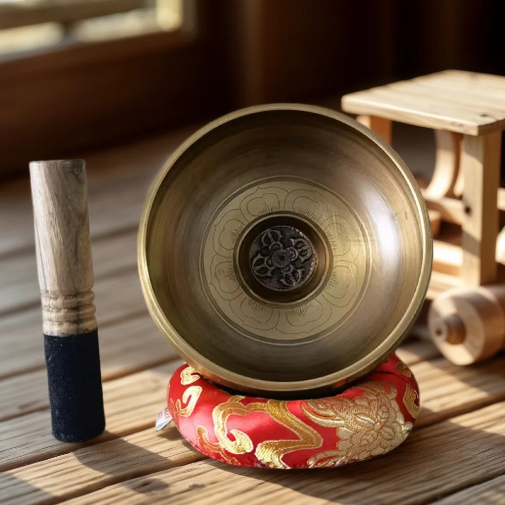 Nepal Handmade Brass Singing Bowl Buddha Engraved Tibetan Meditation Bowl for Yoga Sound Healing Mindfulness with Leather Mallet