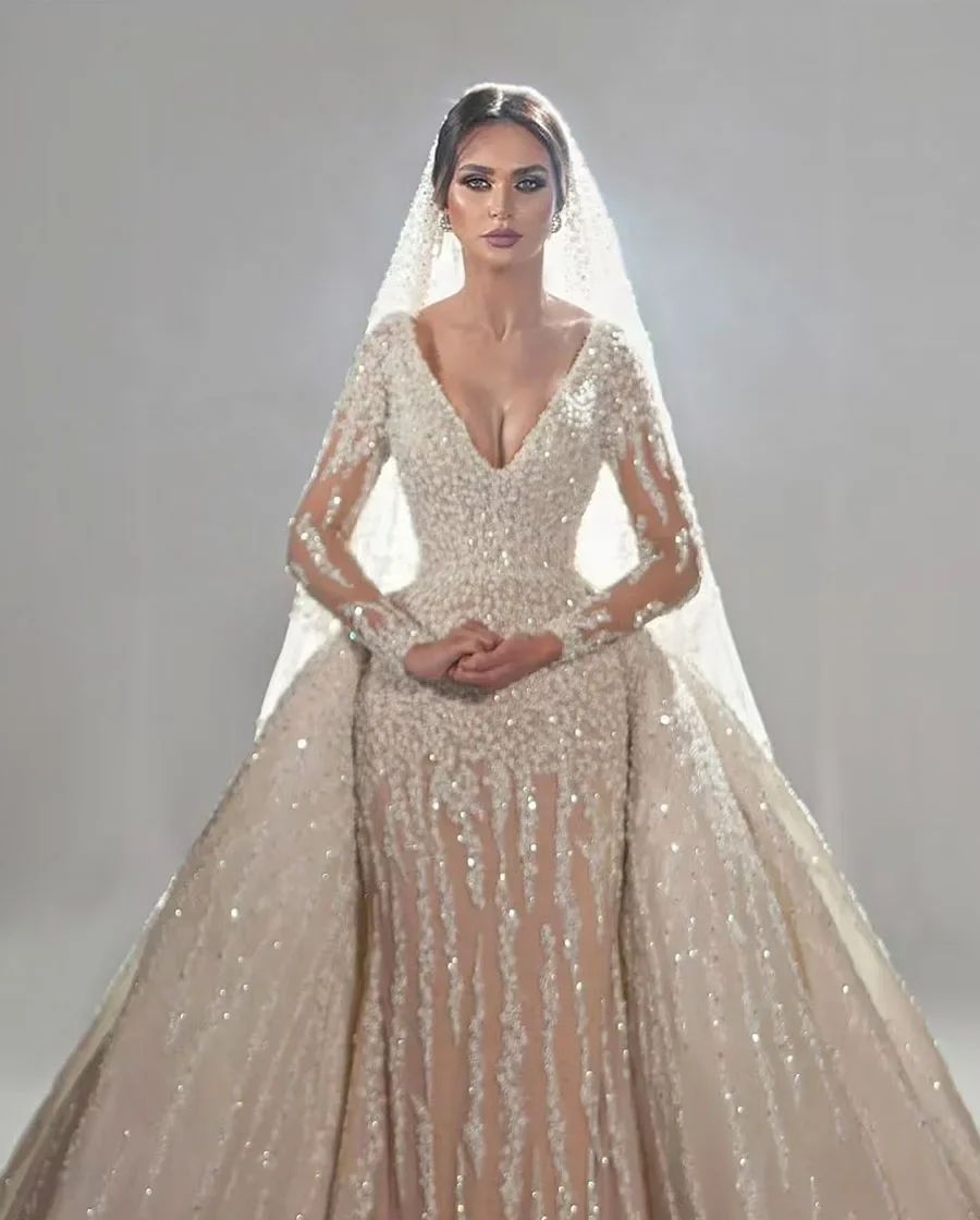 

Customized 2025 Arabic Mermaid Wedding Dresses Beaded Luxury Dubai Muslim Prom Gowns for Women Bridal Gown Vestidos De Noiva
