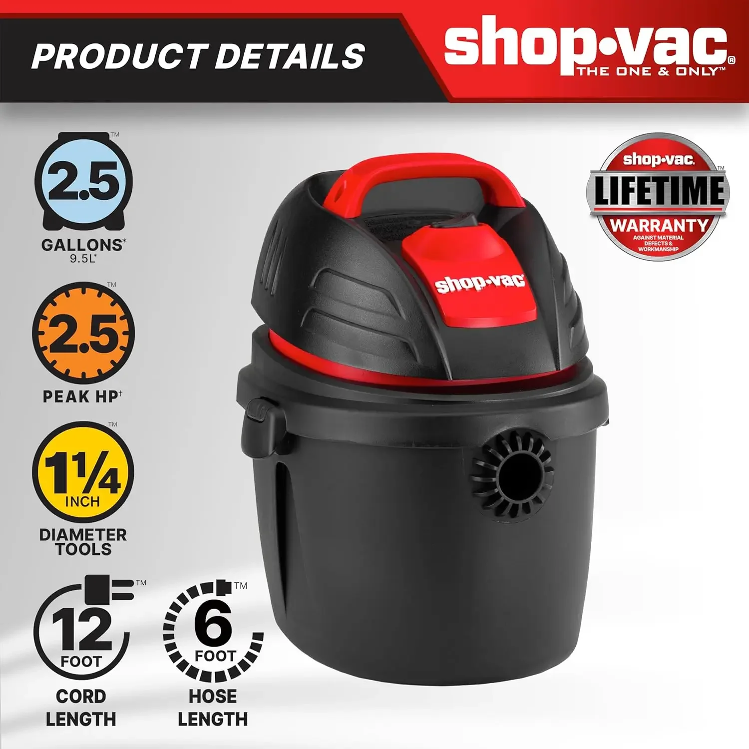 Shop-Vac Vacuum Utilitário portátil, molhado e seco, 2,5 galões, 1, 25 Polegada Diâmetro x 6 Mangueira pé, 12 Comprimento do cabo ft, montado na parede, inclui