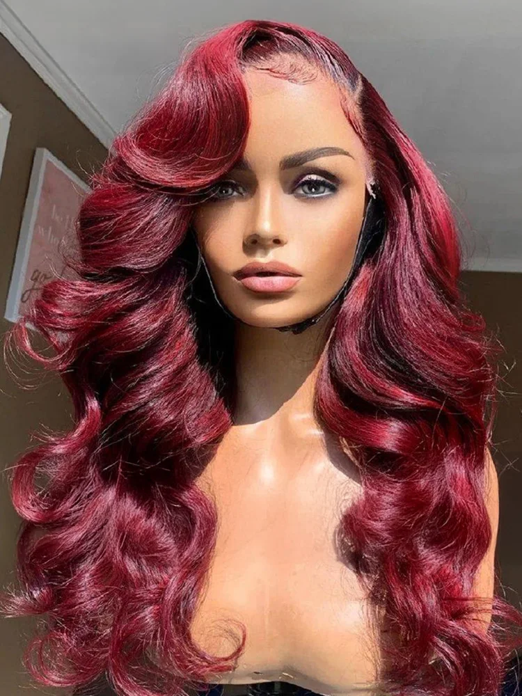 High Density 99J Burgundy 13x4 13X6 HD Body Wave Lace Front Human Hair Wig 30 Inch Red Colored Water Wave Frontal Wigs for Women