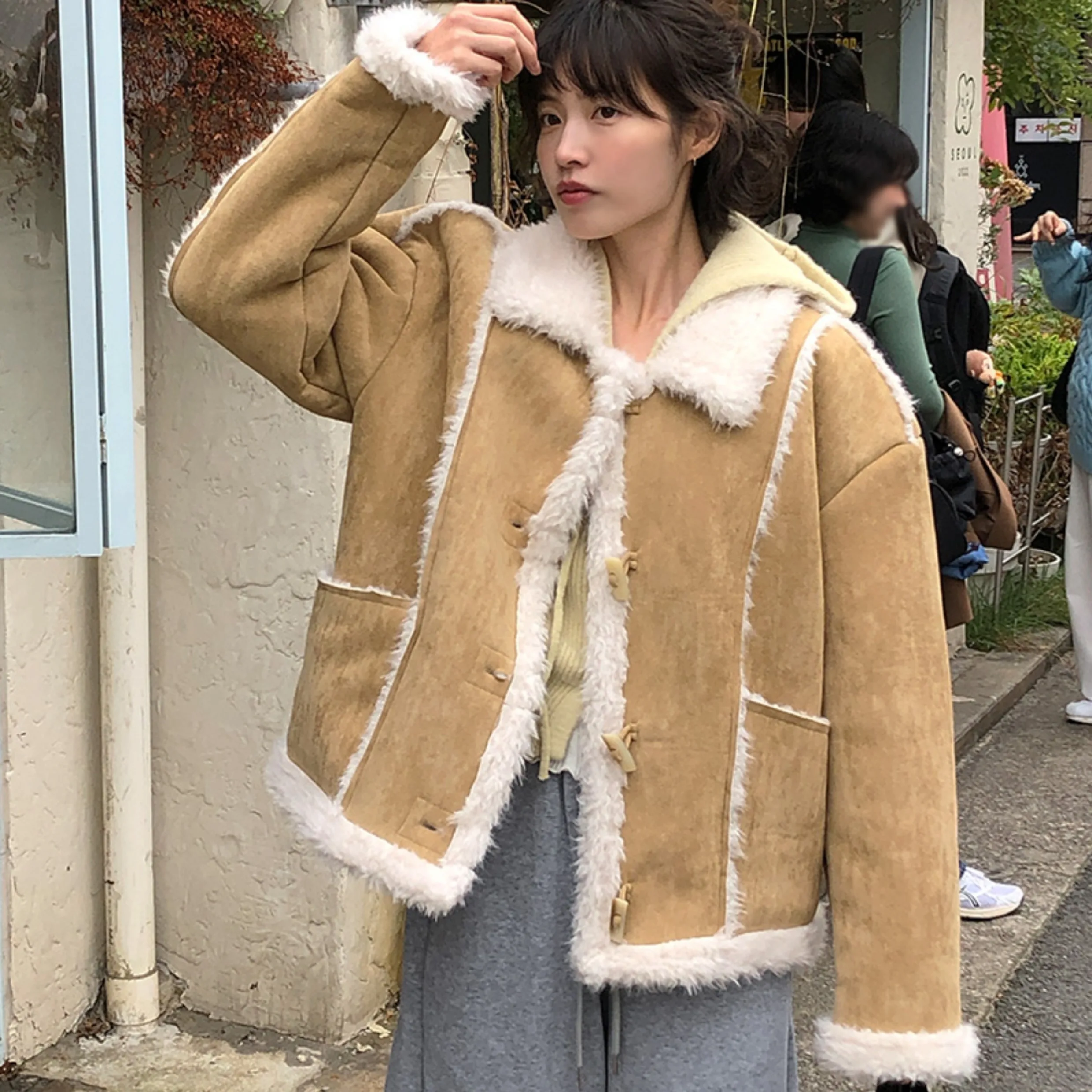 

Women's Fce Lined Jaet Chic Retro High Collar Button up Warm Coat Korean Sle Fall Winter New Arrival Loose Fit Cotton