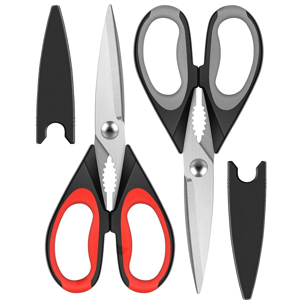 Multi-purpose Heavy Duty Stainless Steel Kitchen Scissors, Dishwasher Safe, Black Red, Black Gray, 2 Pack