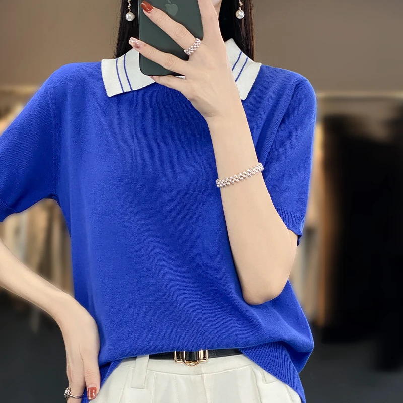 

Новая летняя футболка-поло 2026 из чистого хлопка с коротким рукавом, вязаная, с цветными вставками, повседневный тонкий пуловер-топ