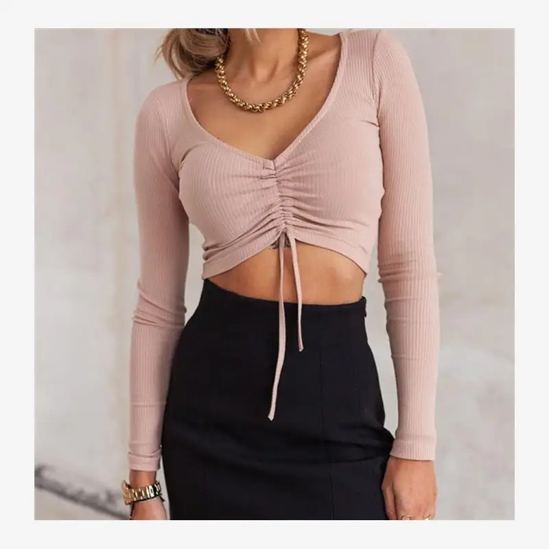 Sexy Slim Fit Long Sve ort T-irt Women's Crop Top Tee Street Sle V-Ne Cotton Spring Summer Faion Casual Wear