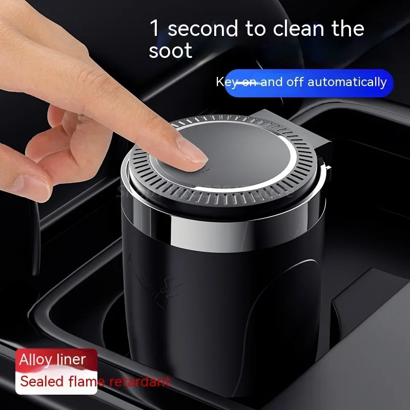 Car Ashtray with Lid Smell Proof Stainless Steel Blue Led Portable Ashtray Cup for Auto Fireproof Shell One Touch Open