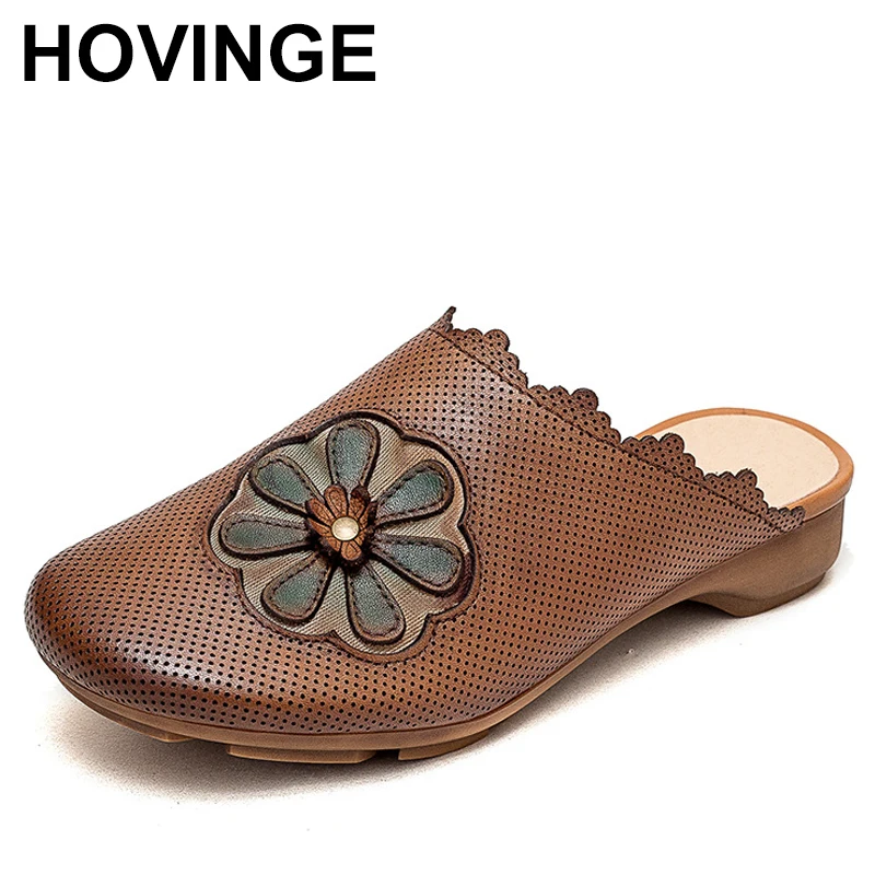 

3cm Slippers Women New In Shoes Genuine Leather Flower Round Toe Baotou Loafers Flats Fashion Summer Slip on Breathable