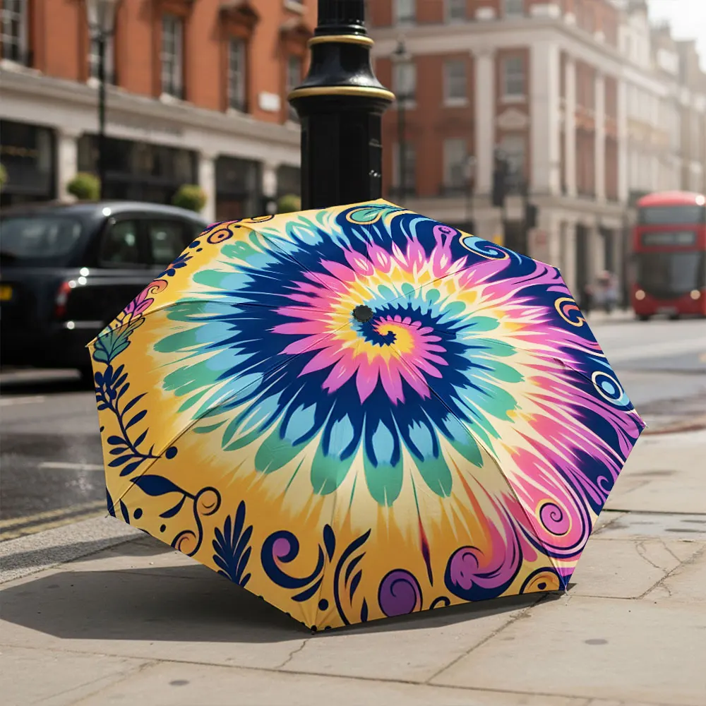 1P C Colorful Floral Umbrella in a Scenic Outdoor Setting Print 8 Iron Ribs Folding Umbrella Auto-Open Fashion Sunshade