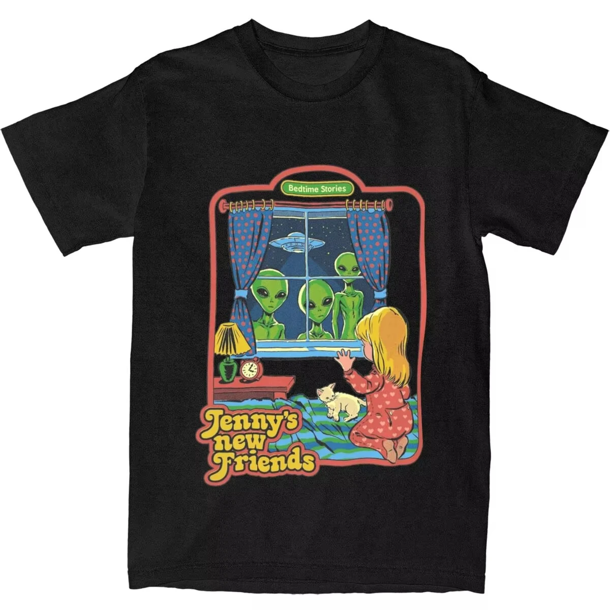 Horror Alien Bedtime Story T-shirt, UFO Theme, Dark Humor Sci-Fi Style T-shirt  Couple All-Season Streetwear Shirt