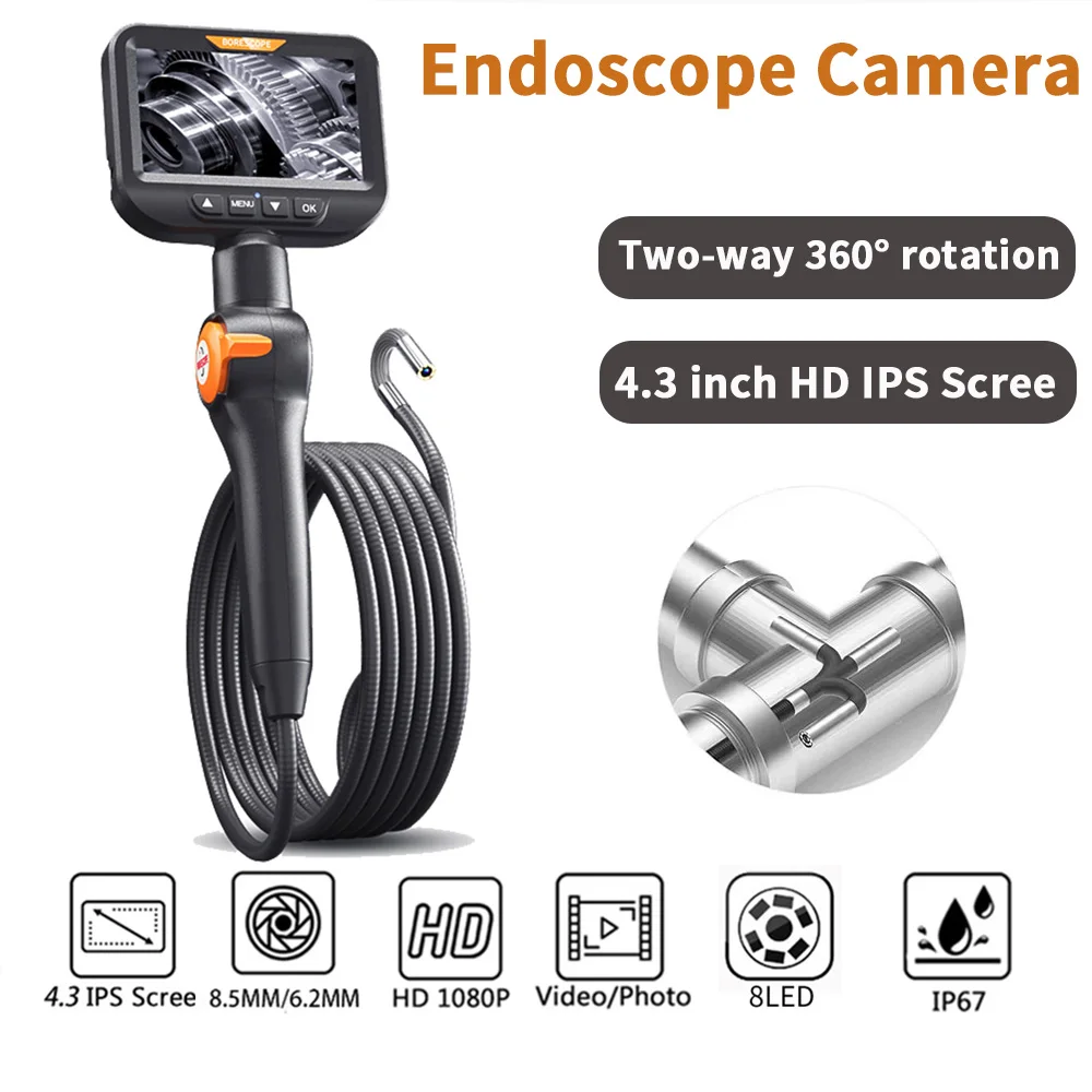 

Two-Way Rotary 360° Industrial Piping Endoscope Camera Borescope Inspection Camera Endoscope 4.3'' IPS Screen 8.5mm/6.2mm 1080p