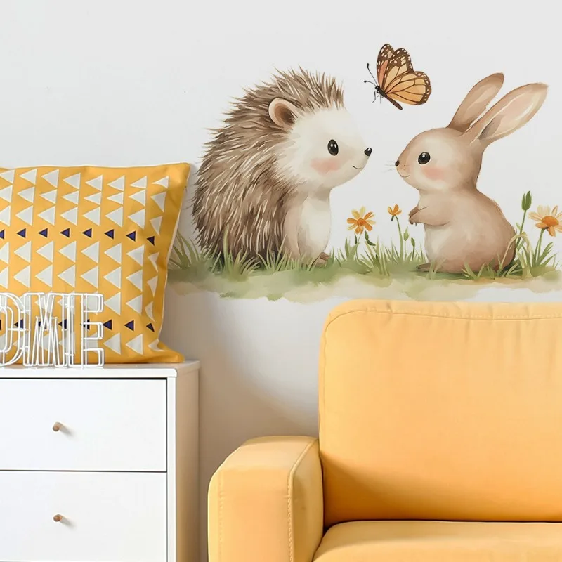 Cartoon Hedgehog Rabbit Wall Sticker Kids Room Background Decor Mural Baby Bedroom Beautify Home Decoration Self-adhesive Decals