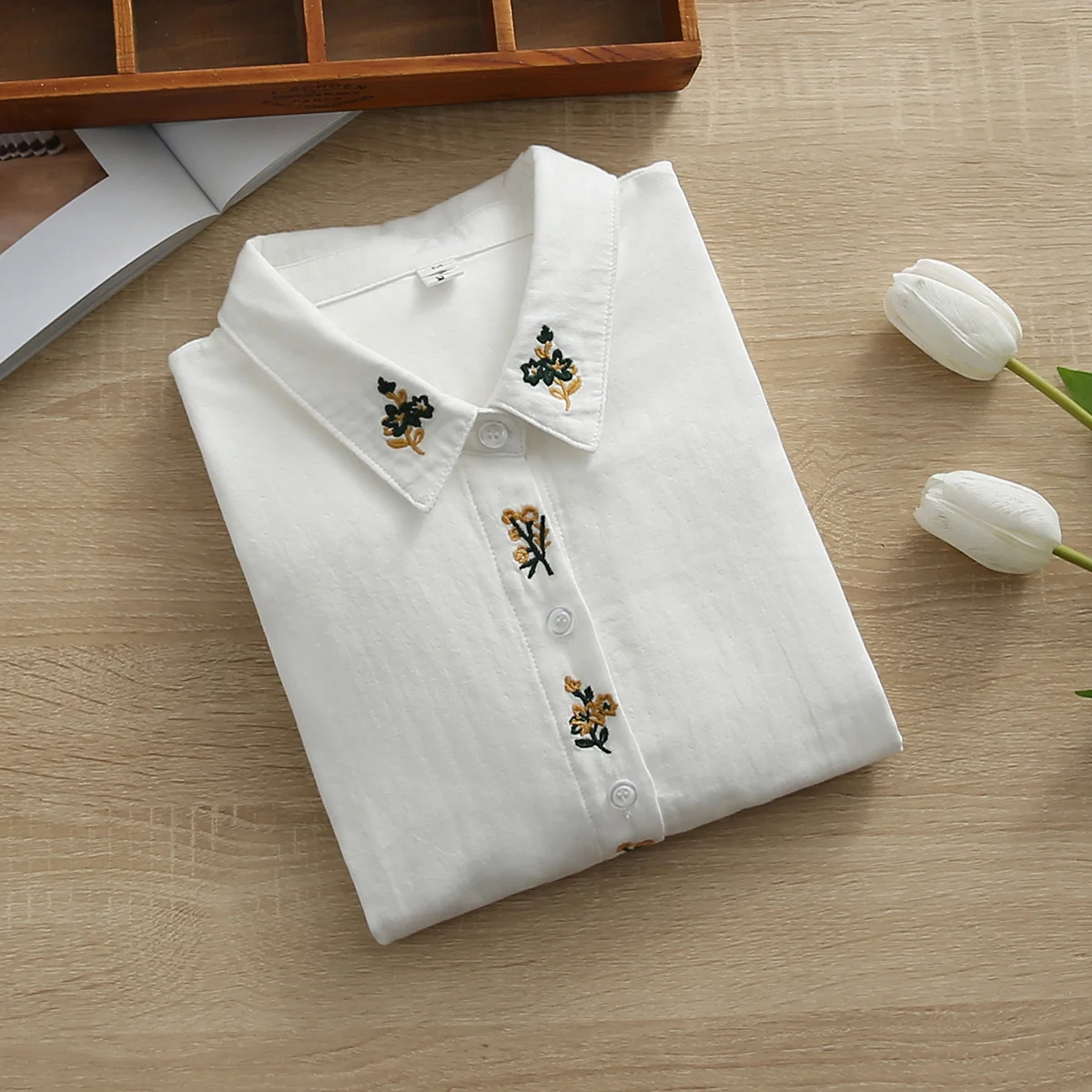 100% Cotton embroidery blouse 2025 women long sleeve shirt mori kei clothing Japanese lapel white basic shirts female tops