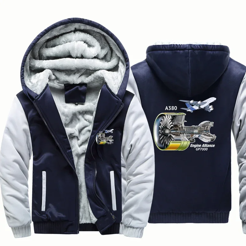 A380 & GP7000 Engine Fleece Warm Wool Aviation Pilots Flight Men Coat Jackets Zipper Hooded Thick Hoodies Sweatshirts