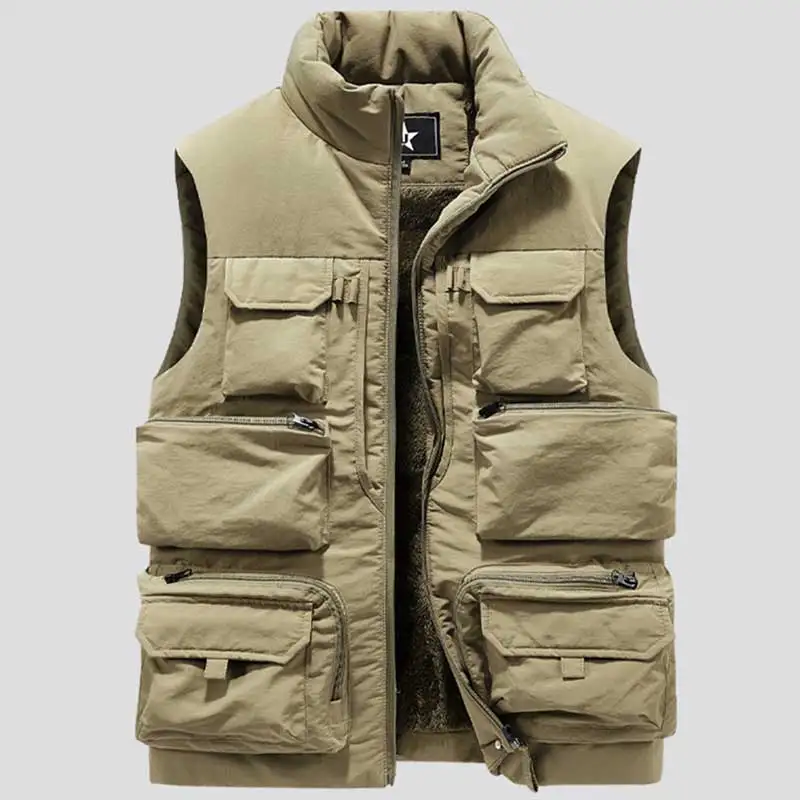 Autumn Winter Plush Vest Men Thick Warm Sleeveless Parka Men Windproof Multi Pock Cargo Vest Jacket For Men Fishing Vest Male