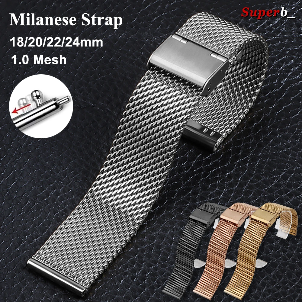 1,0 Mesh Milanese Uhrenarmband Business Schnellverschluss Edelstahl Uhrenband 18mm 20mm 22mm 24mm Armband Silber Handgelenk-Armreif