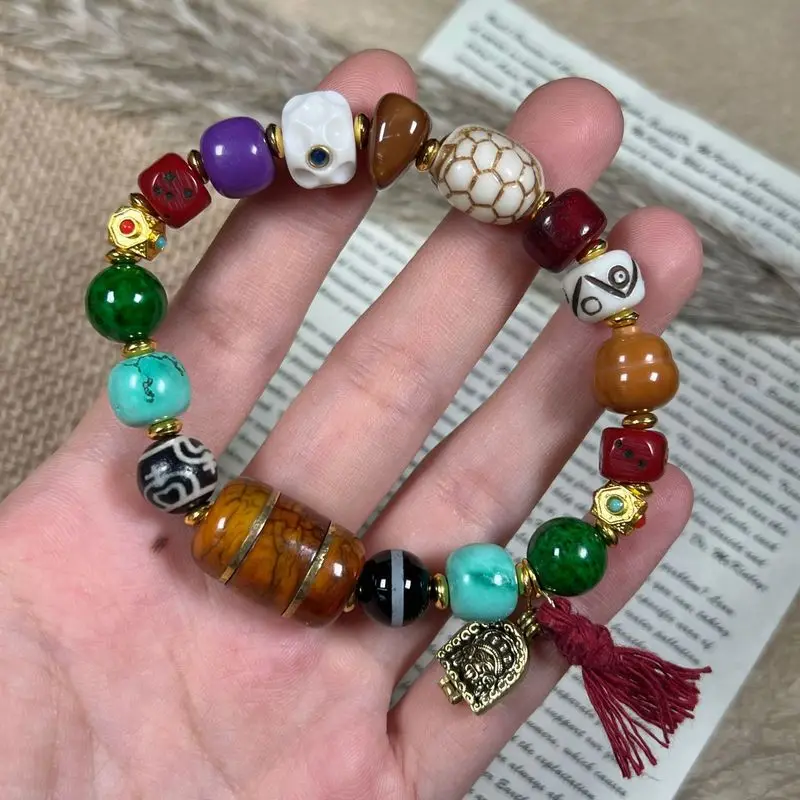 Multi-Bead Bracelet, Single-Strand, Made Of Yak Bone, Dice-Shaped, With Eight Trigrams, Featuring Coconut And Agate Be