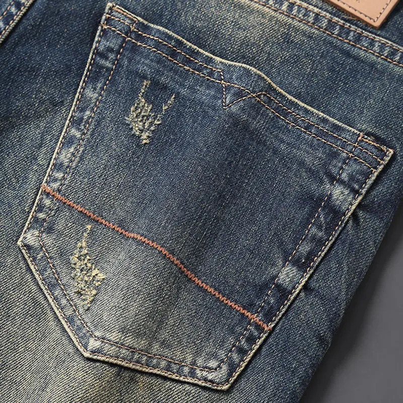 Fashion Designer Men Jeans High Quality Retro Washed Blue Stretch Slim Fit Ripped Jeans Men Italian Style Vintage Denim Pants