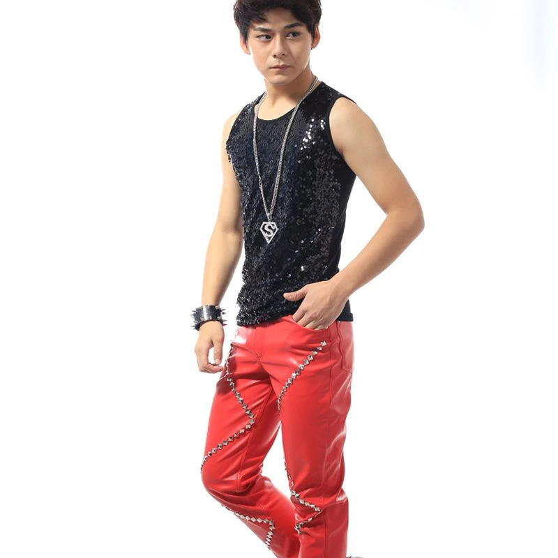 27-37 الكورية المد الرجال الذكور المغني Dj بار الغلاف الجوي رئيس Ds المرحلة ازياء المسامير ضئيلة الرجال بنطال جلدي ازياء بنطلون