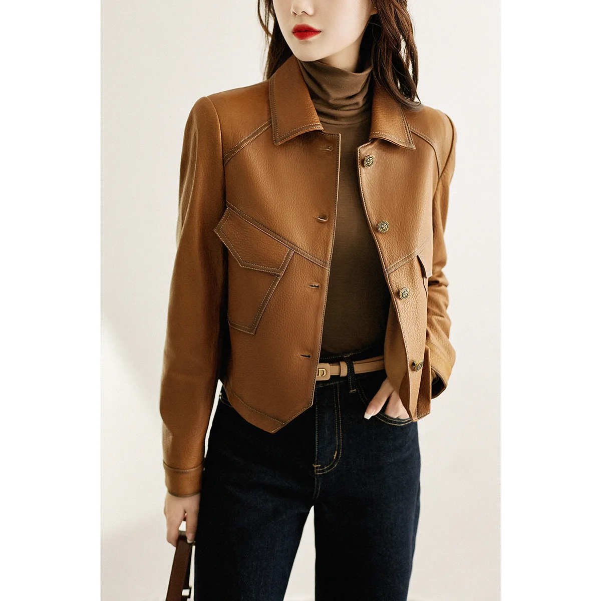 2024Haining New Genuine Leather Coat  Autumn Short Women's Fashion Versatile Genuine Sheepskin Coat