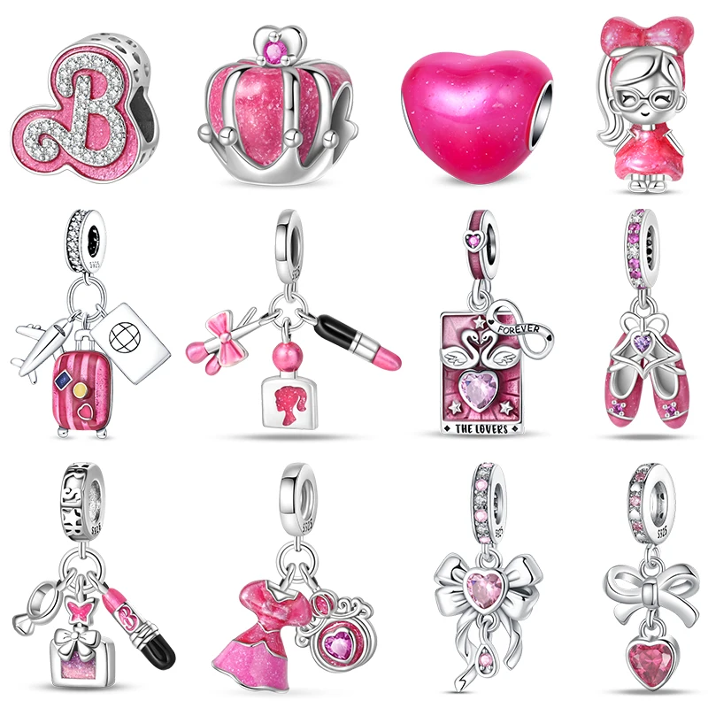 New 925 Sterling Silver Pink Princess Skirt Lipstick Charms Beads Fit Pandora 925 Original Bracelet DIY Jewelry Birthday Gift