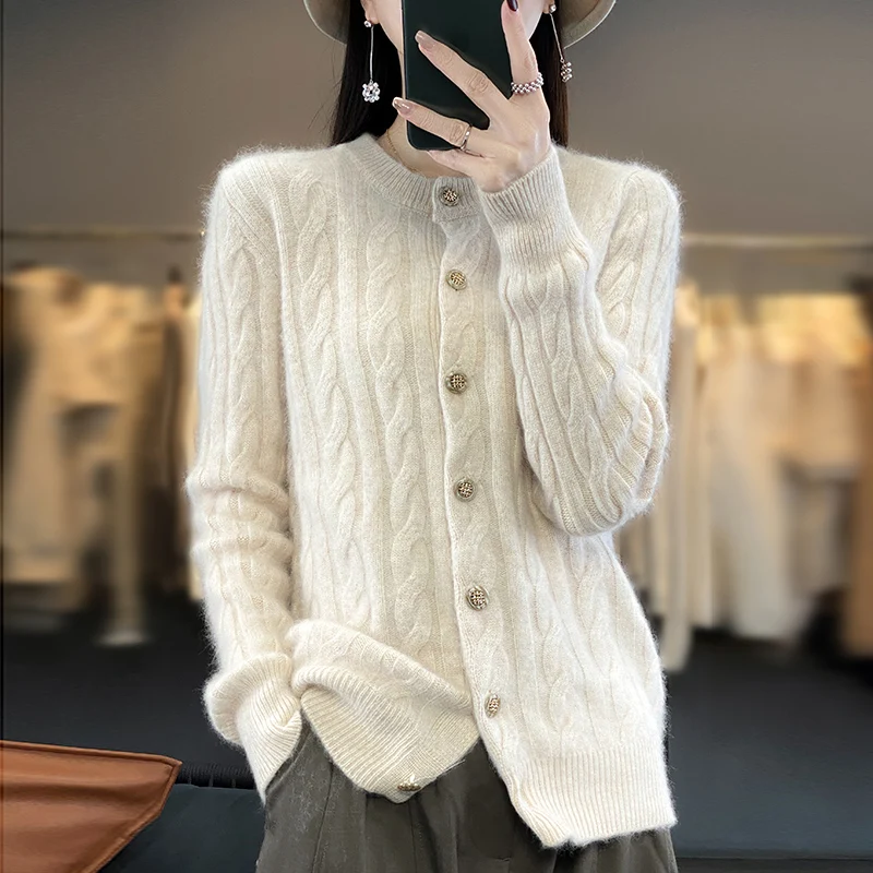 RONGYI 100% Mink Cashmere Knitted cardigan Solid Sweater 2023 Autumn Winter New Woman Clothing O Collar Thickened Overcoat Top