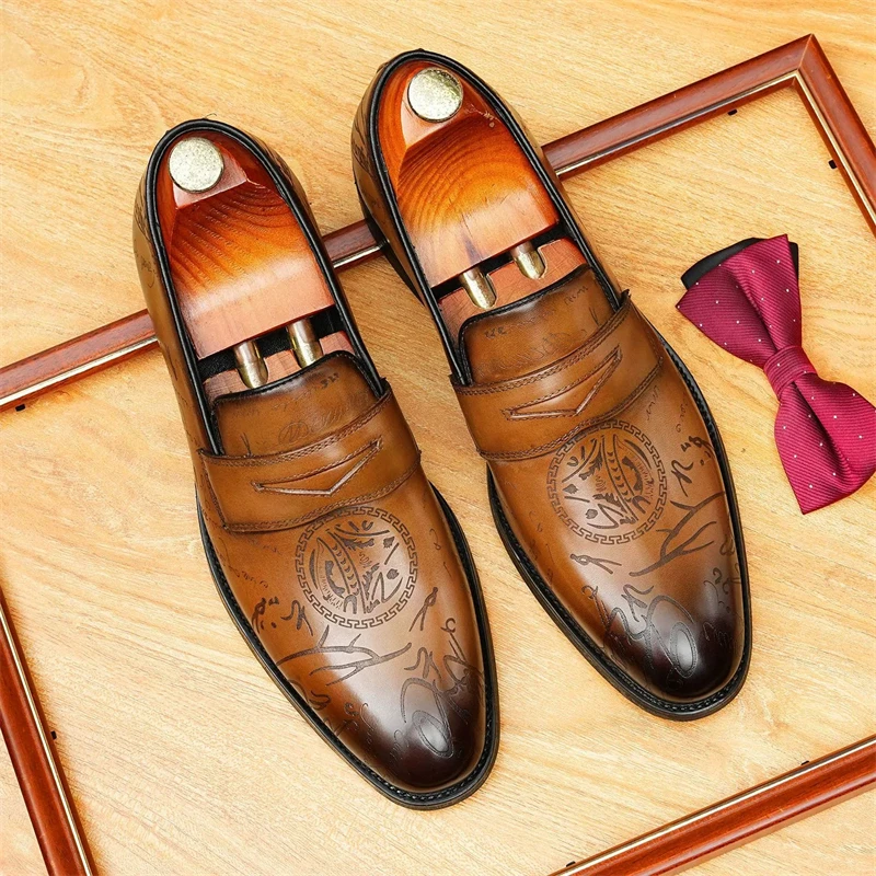 

Leather Loafers Men's Genuine Leather Calfskin Round Toe Carving Oxford Slip-on Charm Formal Dress Wedding Shoes Bride Handmade