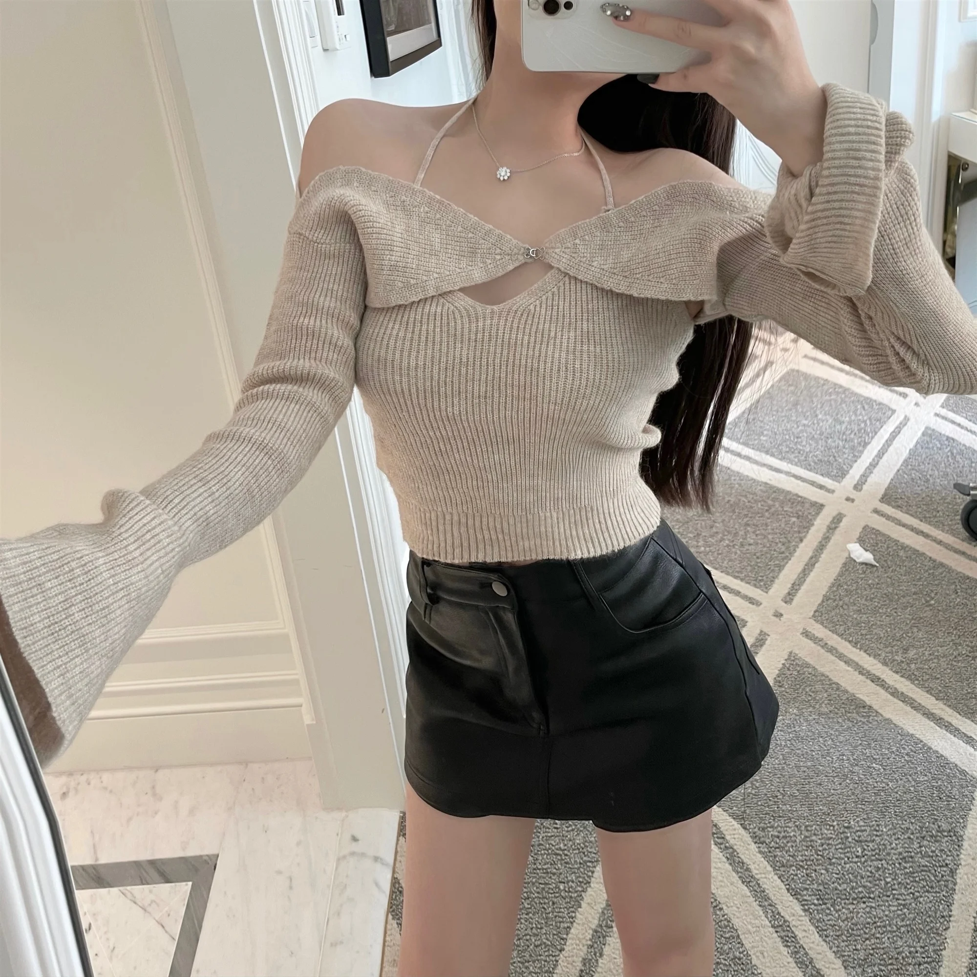 

Kikimy Bla PU Leather Skirt High Waist ort Sle Women's Autumn Winter New Faion Skirt-Pants Hybrid