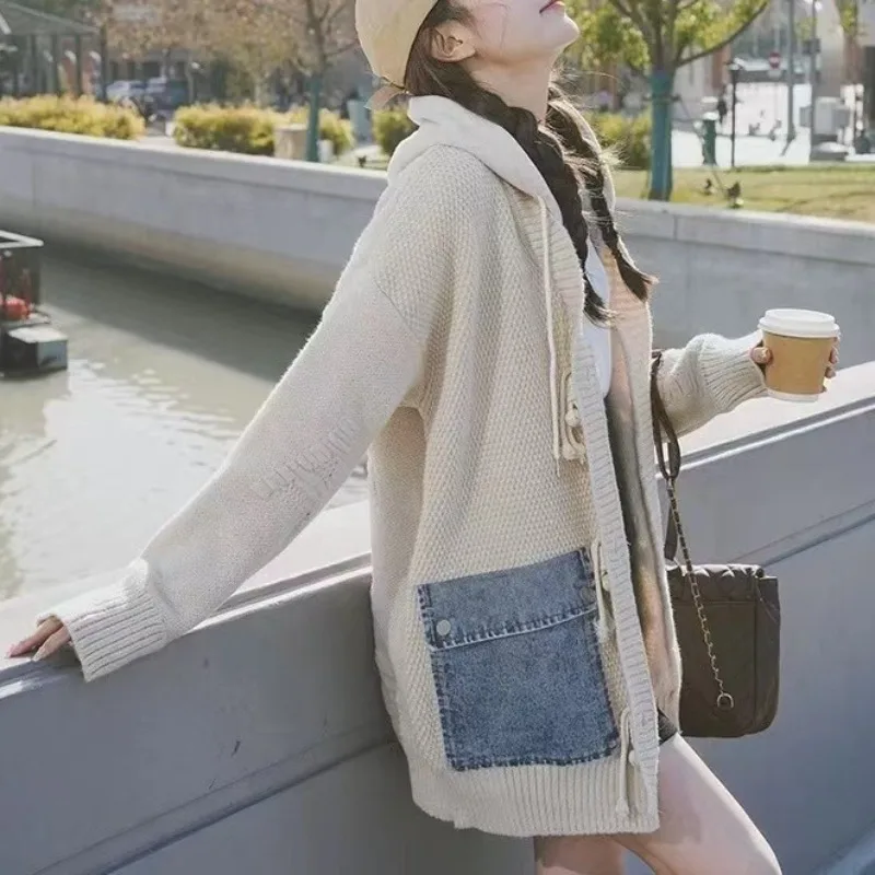 

Knit Spliced Denim Winter Cardigan Sweater Chic Vintage Preppy Long Sleeve Autumn Hoodies Retro Single Breasted Sweaters Pockets