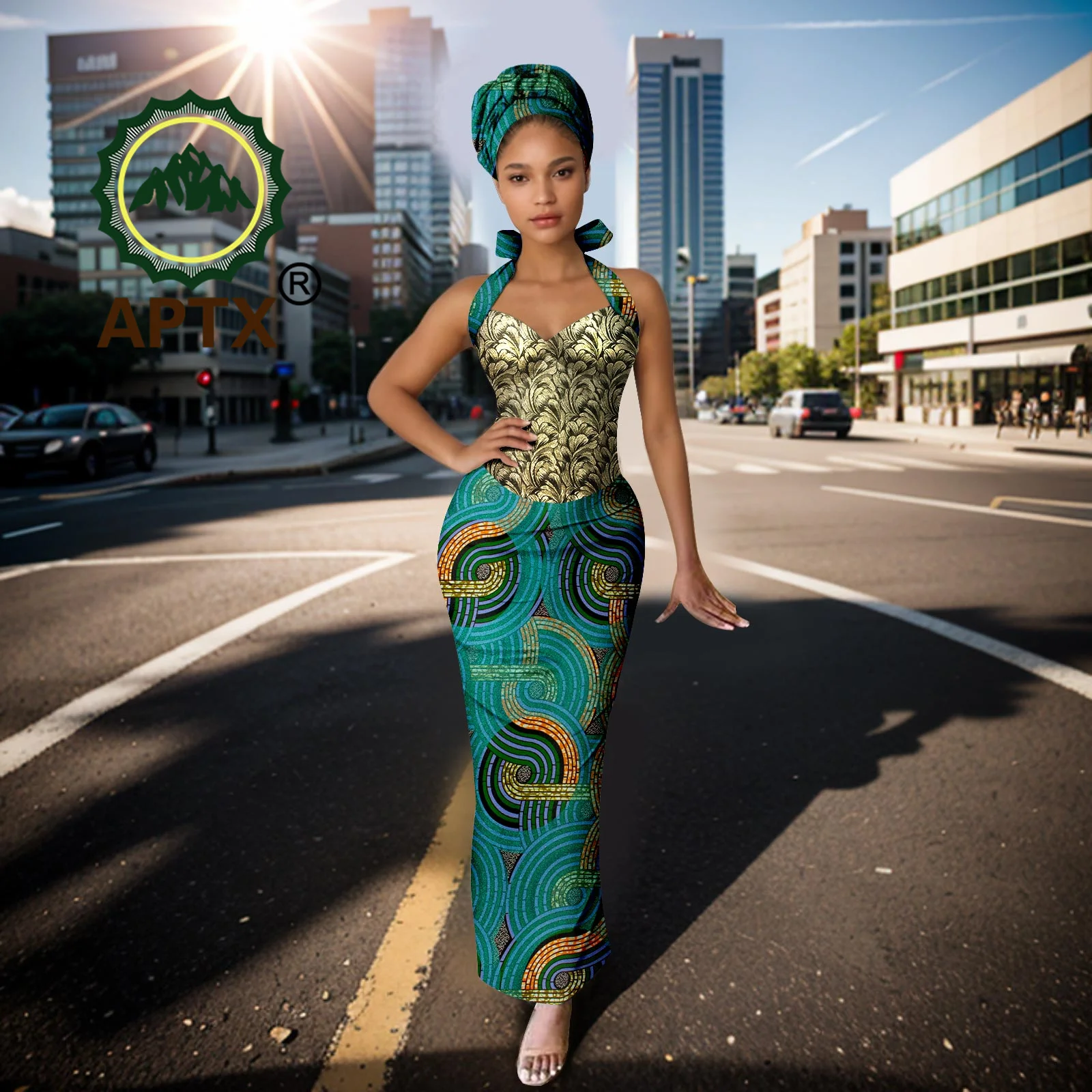 African Dress for Women Ankara Print Sleeveless Halter Elegant Bodycon Long Dresses with Headscarf Dashiki Party Wedding Attire