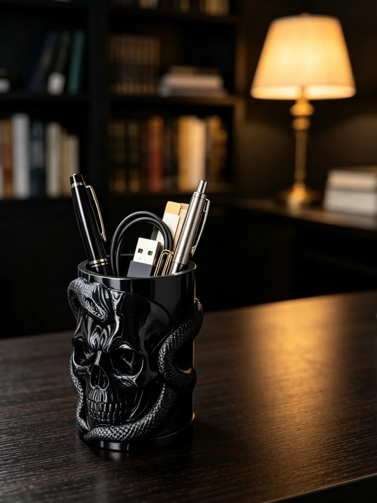 Gothic-Style Skull and Snake Sculpture Pen Holder, Black Snake-Wrapped Skeleton Desktop Storage Cup, Durable High-Strength Hard Plastic Desktop Pen Storage Box, Dark Punk Atmosphere Desktop Ornament, Dual-Purpose for Office Stationery Storage and Makeup Brush Storage, Study Desk Decoration, Halloween Ornament, Unique and Cool Desktop Gift Item
