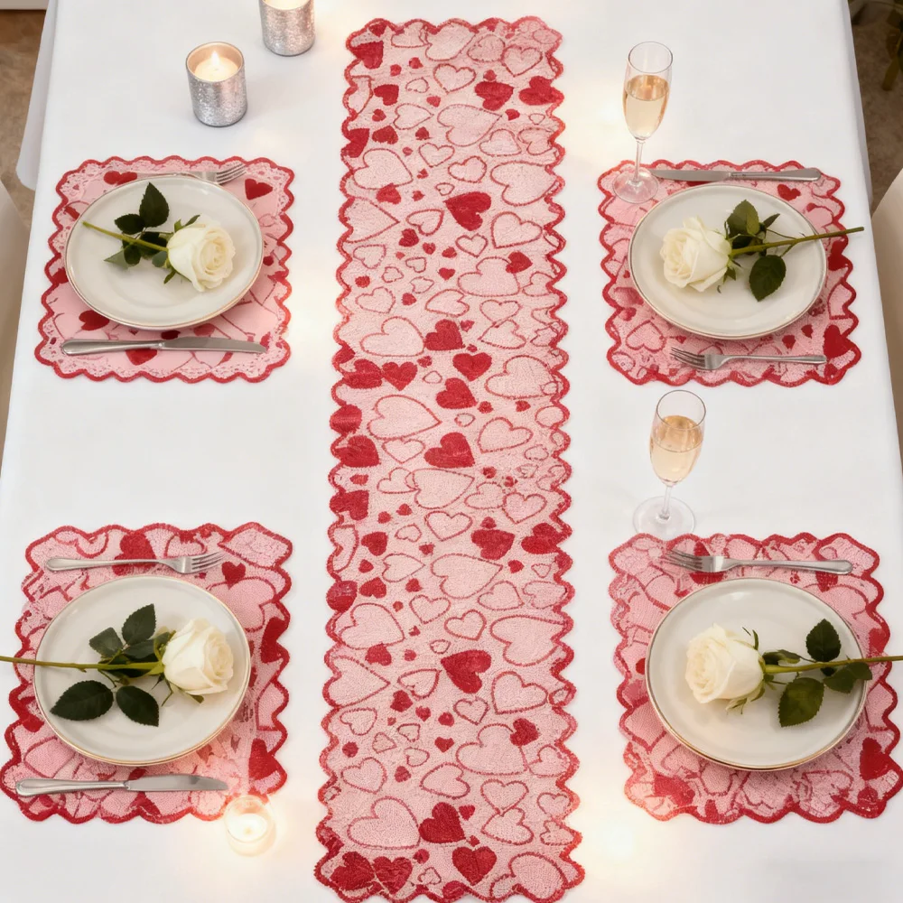 Valentine’s Day Red Heart Table Runner and Placemat Set – Romantic Table Decor for Couples Dinner and Festive Home Celebrations 5