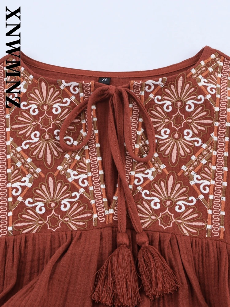XNWMNZ 2025 Summer New Woman's Fashion Holiday Long Sleeve mini Pleated dress Chic Simple Woman BROWN O-Collar boho Dresses Tie