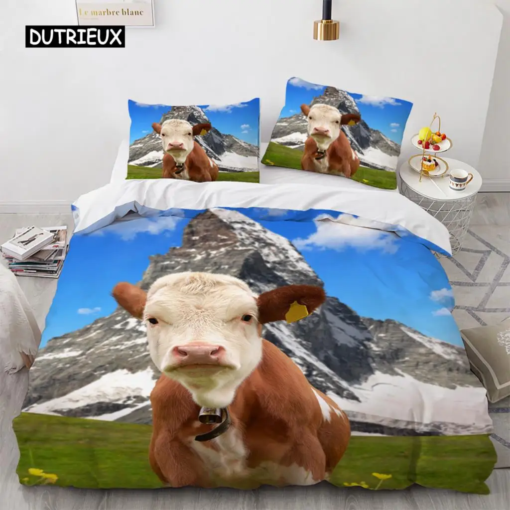 

Highland Cattle Duvet Cover Set Funny Farm Animal Comforter Cover for Kids Boy Cow Mountain Meadow Queen Size 2/3pcs Quilt Cover